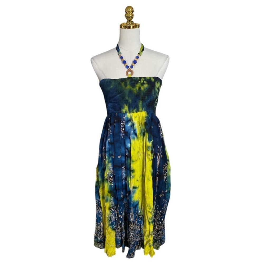 Cassee’s Tie-Dye Halter Neck Smoked Embellished Summer Beach Dress Size M Boho